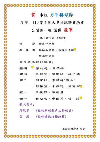 Congratulations!  Our men’s A volleyball team achieved runner-up in the 2021 National Intercollegiate Volleyball League Finals (Open Men’s Division I).  Date: April 26–28, 2022, at Chung Yuan Christian University  Team Leader: Teacher Yang Zhong-Xiang Coaching Team: Teacher Lin Hsien-Cheng, Teacher Chang Qiong-Yun, Teacher Ma Cheng-Xiang  Most Tenacious Players:  • Master’s Program: Chang Yun-Liang, Chou Tzu-Yang  • Senior: Wu Hsin-Hsien, Chen You-Ting, Yang Tzu-Chieh  • Junior: Kuo Chia-Ming, Li Wei-Hsuan (Captain), Cheng Chen-Kun, Chu Kai-Yi, Chou Kuan-Yu  • Sophomore: Wang Chun-Chieh, Chen Chao-Hsi  • Freshman: Lin Sheng-En, Liao Hong-Sheng, Lei Nuo  Individual Awards:  • Chou Kuan-Yu: Best Setter/Opposite Hitter  • Lei Nuo: Best Outside Hitter  Congratulations from all faculty and students of our university.