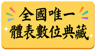 黃色底圖，第一列呈現「全國唯一」等字，字體左右兩邊各有橘藍紫三點水彩裝飾；第二列呈現「體表數位典藏」等字。