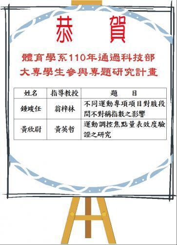 Congratulations to the Department of Physical Education for passing the Ministry of Science and Technology’s 2021 College Student Research Project:  • Chung Jun-Ren Advisor: Professor Weng Tzu-Lin Topic: The Effect of Different Sports Specializations on Inter-Thigh Asymmetry Index  • Huang Hsin-Wei Advisor: Professor Huang Ying-Zhe Topic: A Study on the Validity of the Exercise Attentional Focus Scale